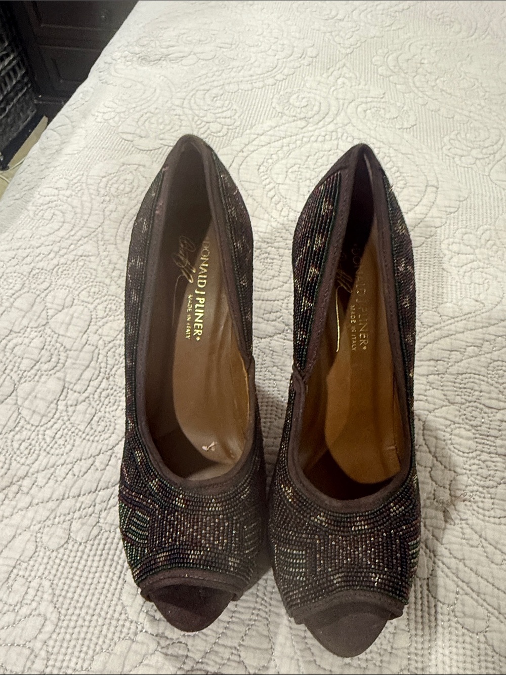 Donald J. Pliner Brown Beaded Peep-Toe Heels